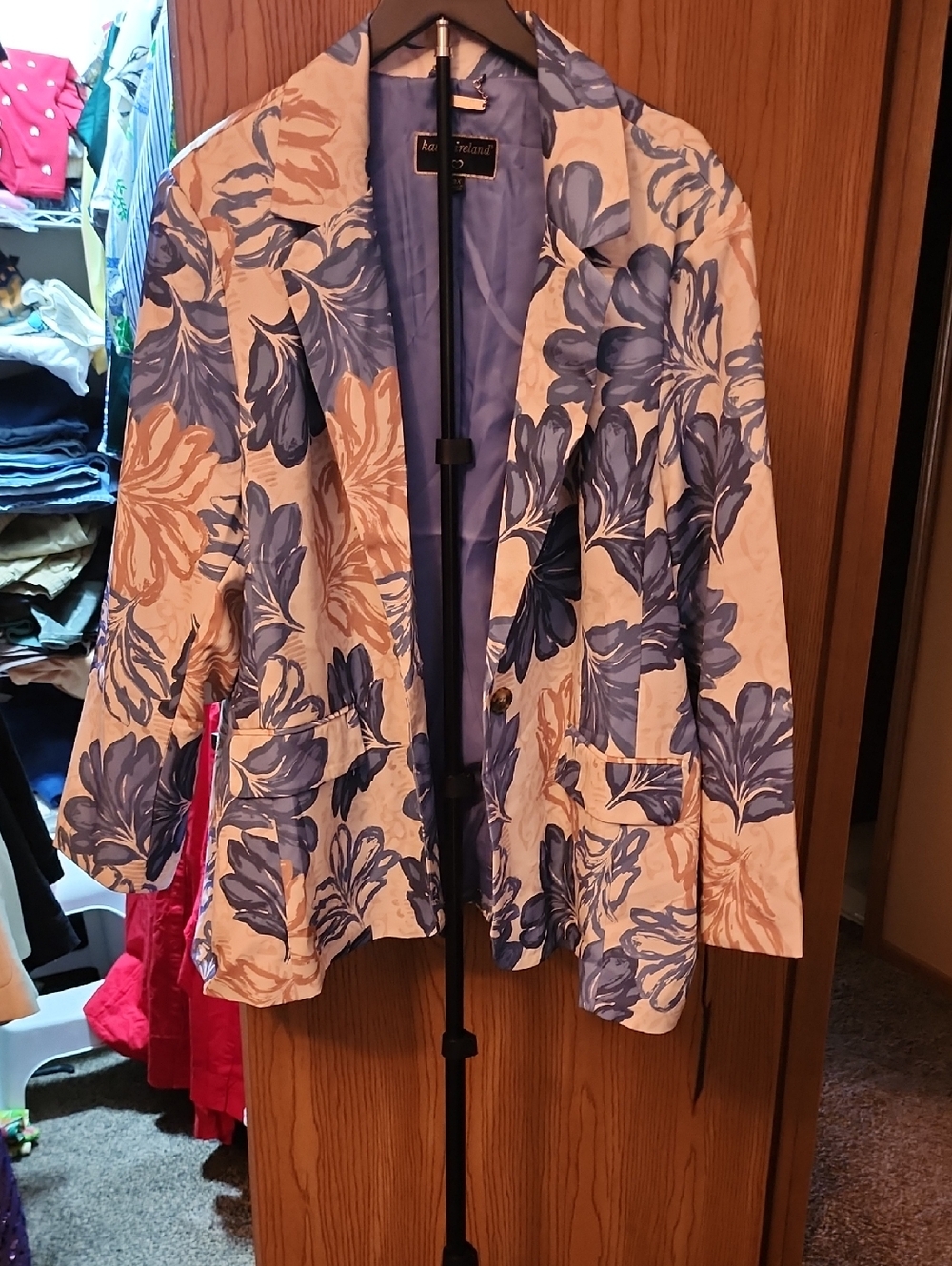 kathy ireland Beige Blazer with Blue Floral Print